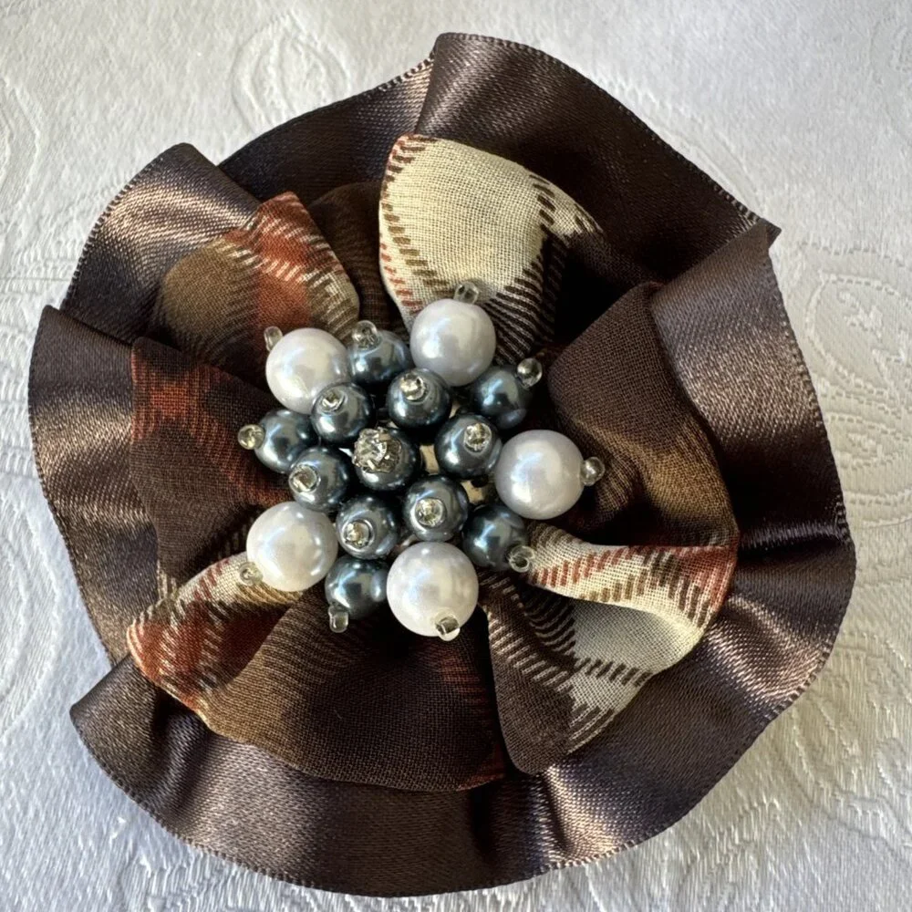 Cara Brown Cream Plaid Pearl Beaded Floral Hat Brooch/Hair Pin Steampunk NEW